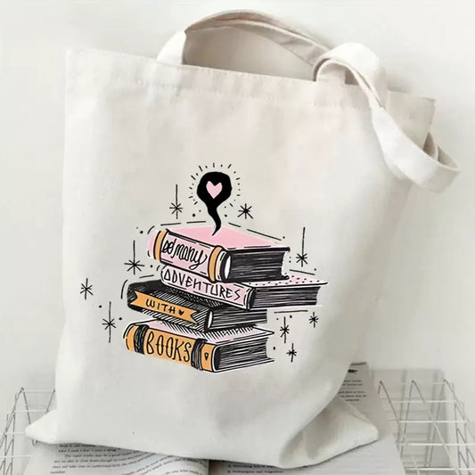 Bookish Tote Bag "Many Adventures with Books" White